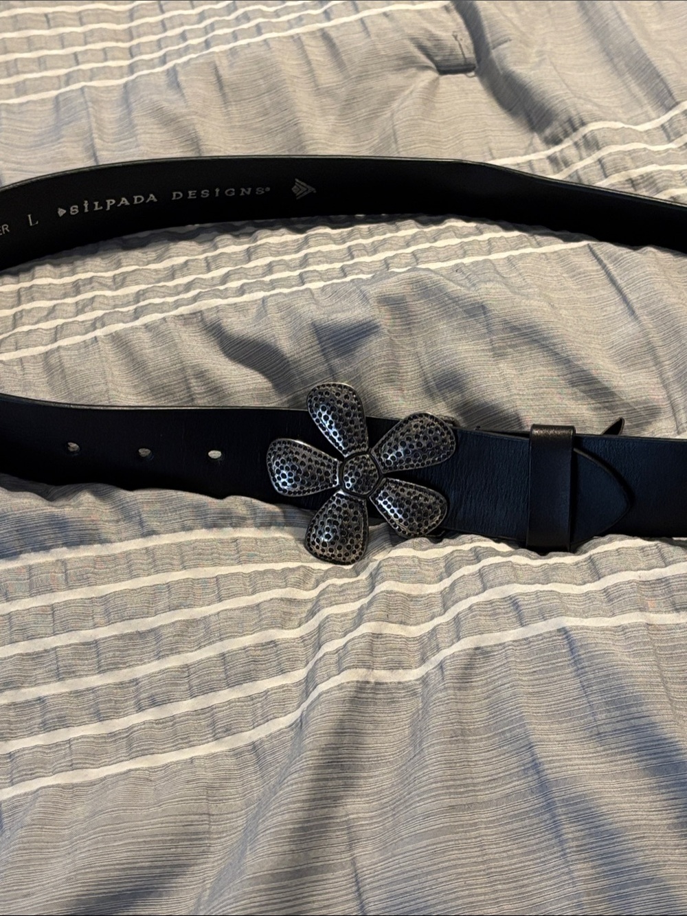 Silpada Black Leather Belt with Floral Metal Buckle